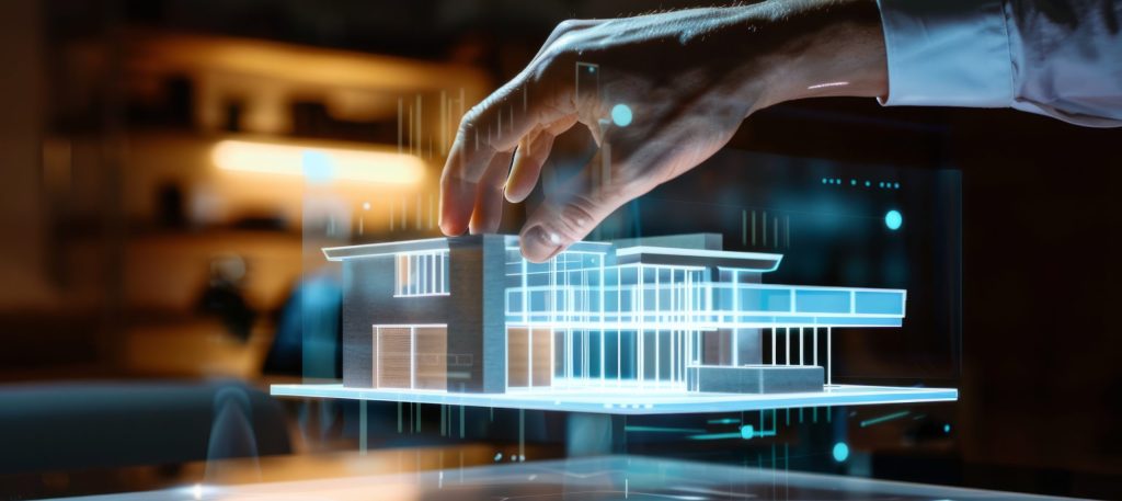 Architect touching a 3D hologram of a building's blueprints. 