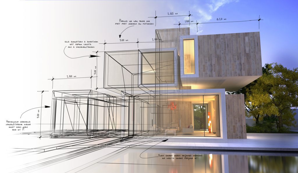Visualized blueprints for a futuristic home. 